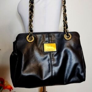 Nicole Miller Chain Tote Shoulder Bag PU Leather Purse Black Gold Vegan